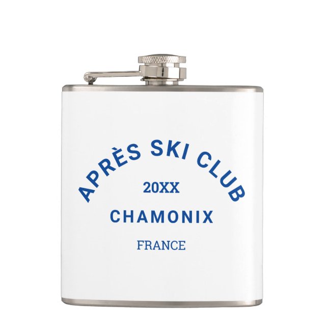 Après Ski Club Royal Blue Winter Ski Resort Crest Hip Flask (Front)