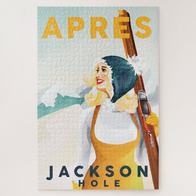 "Apres Ski Jackson Hole" Cool Retro Skiing Art Jigsaw Puzzle (Vertical)