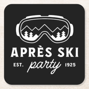 Apres ski party mountain cabin winter black square paper coaster