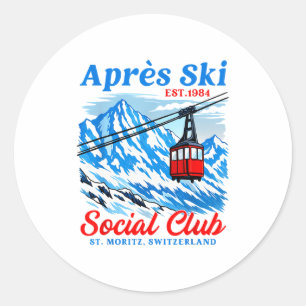 Apres ski social club skiing skier snowboard classic round sticker