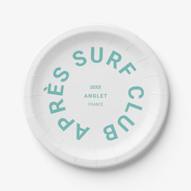 Après Surf Club Turquoise Surfers Social Crest Paper Plate (Front)