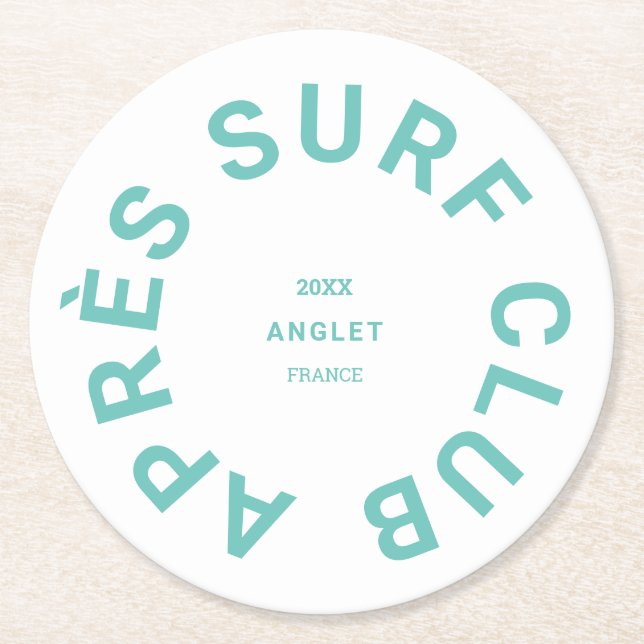 Après Surf Club Turquoise Surfers Social Crest Round Paper Coaster (Front)