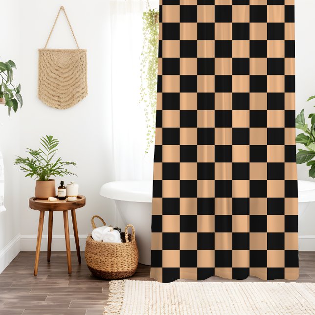 Apricot and Black Chequered Vintage Shower Curtain (Creator Uploaded)