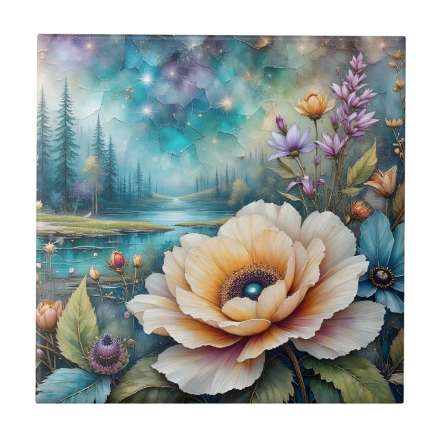 Apricot and Blue Cosmos river forest landscape Ceramic Tile (Front)