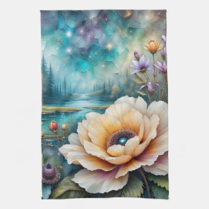 Apricot and Blue Cosmos river forest landscape Tea Towel