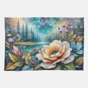 Apricot and Blue Cosmos river forest landscape Tea Towel