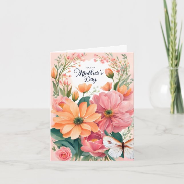 Apricot and Pink Flowers Butterfly Mother's Day Holiday Card (Front)