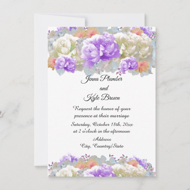 Apricot and Plum Peonies Floral Wedding Invitation (Front)