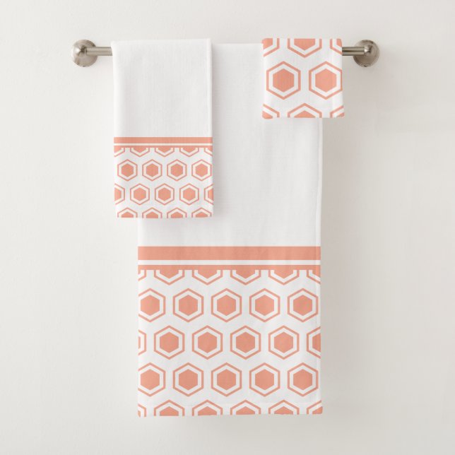 Apricot and White Hexagonal Pattern Bath Towel Set (Insitu)