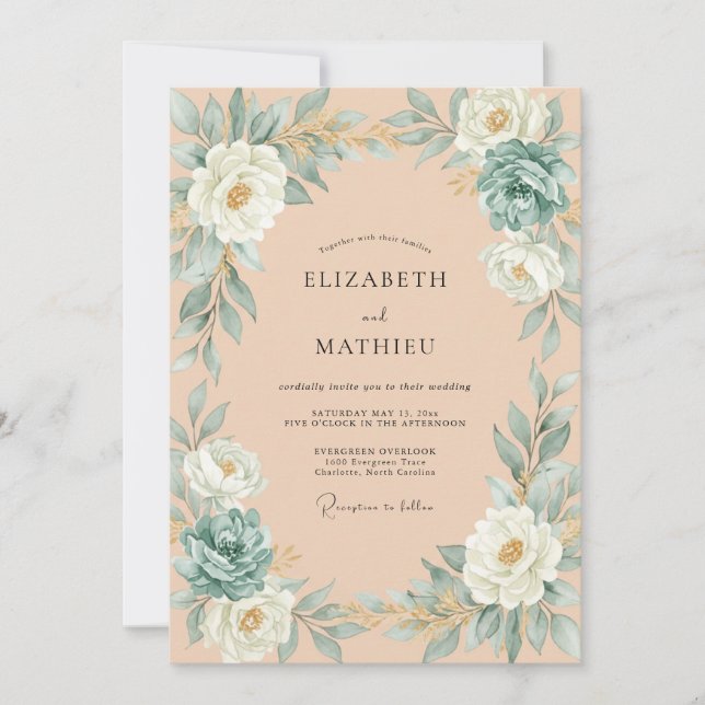Apricot Aqua Leafy Wedding Invitation (Front)
