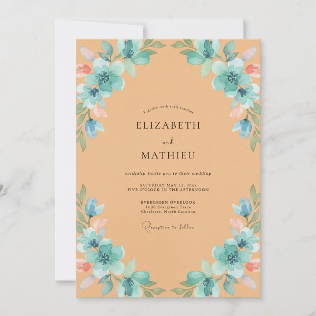 Apricot Aqua Petal Wedding Invitation (Front)