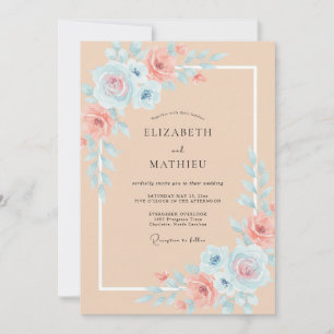 Apricot Aqua Watercolor Wedding Invitation