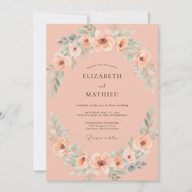 Apricot Aqua Wreath Wedding Invitation (Front)