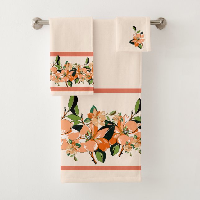 Apricot Azalea on Cream Bath Towel Set (Insitu)