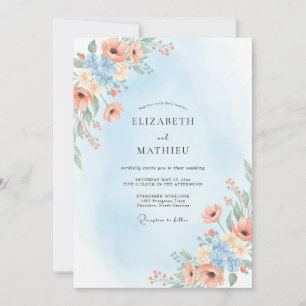 Apricot Azure Ranunculus Eucalyptus Wedding Invitation