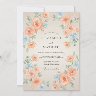 Apricot Azure Ranunculus Muted Eucalyptus Wedding Invitation