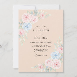 Apricot Blue Floral Watercolor Wedding Invitation