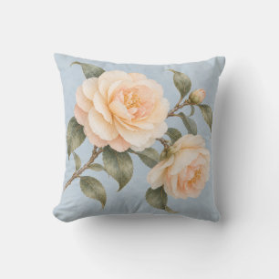 Apricot Camellia Blossoms Powder Blue Botanical Cushion