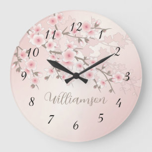 Apricot Cherry Blossom Monogram Large Clock