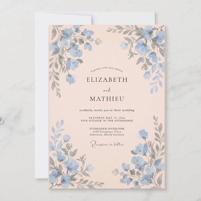 Apricot Cornflower Sprig Eucalyptus Wedding Invitation (Front)