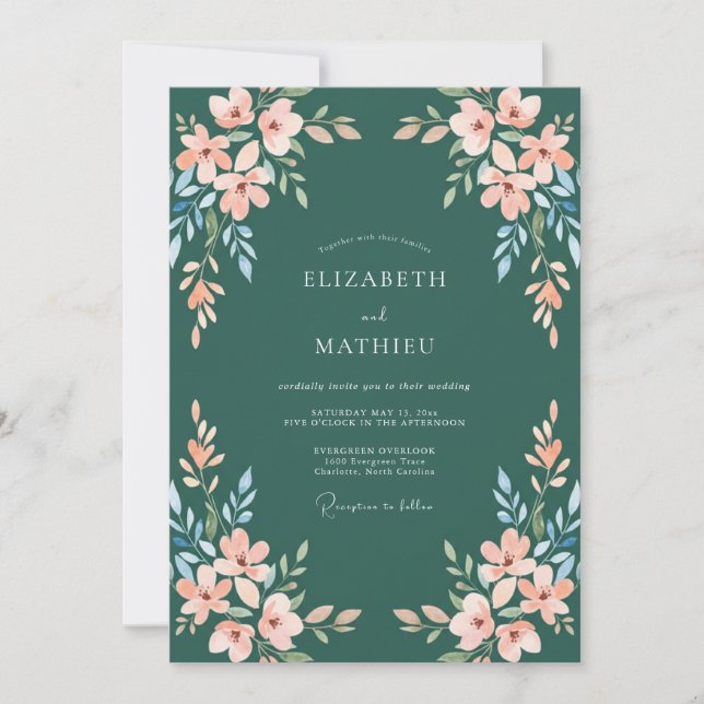 Apricot Dark Cyan Leafy Wedding Invitation (Front)