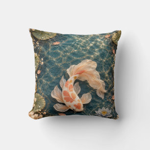Apricot Flowing Koi Teal Water Lily Pond Cushion