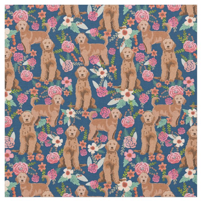 Apricot Golden Doodle vintage florals navy Fabric (Close Up)
