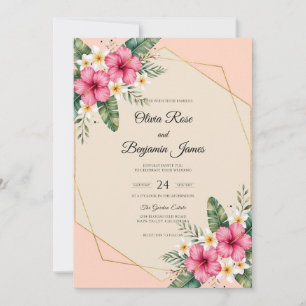 Apricot Hibiscus Tropical Eucalyptus Wedding Invitation