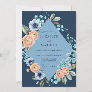 Apricot Indigo Anemone Wedding Invitation