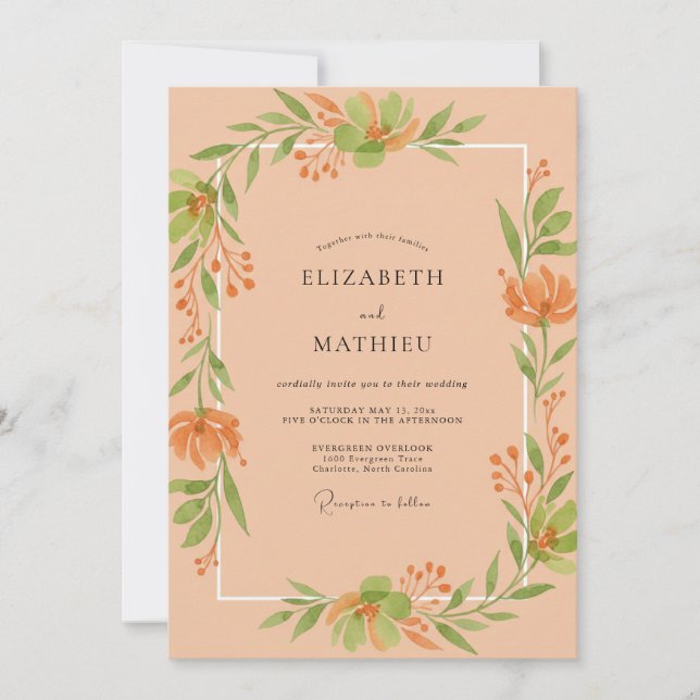 Apricot Leafy Wedding Invitation (Front)