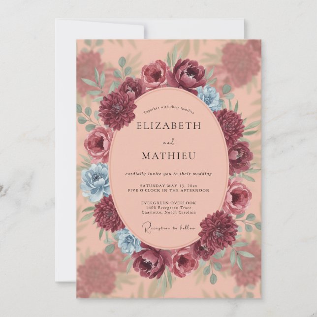 Apricot Maroon Wreath Wedding Invitation (Front)