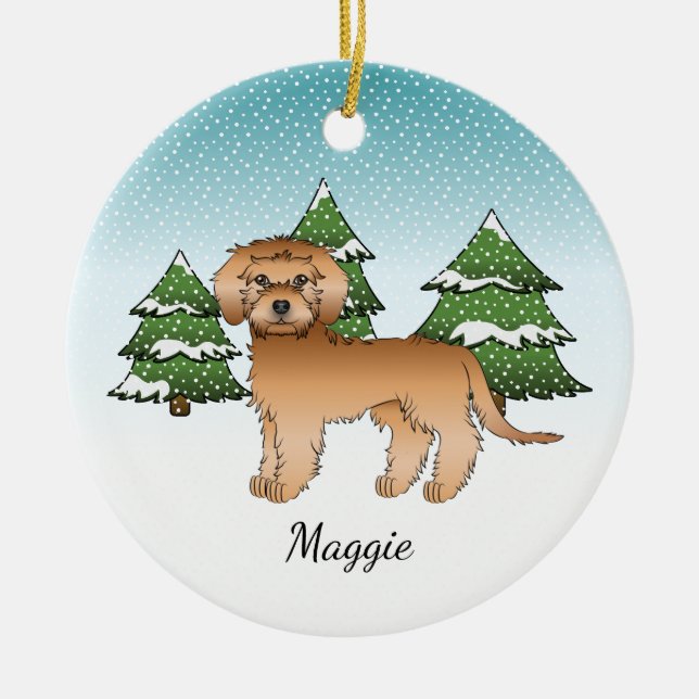 Apricot Mini Goldendoodle - Winter Forest & Name Ceramic Ornament (Front)