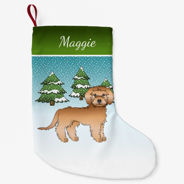 Apricot Mini Goldendoodle - Winter Forest & Name Small Christmas Stocking (Front)
