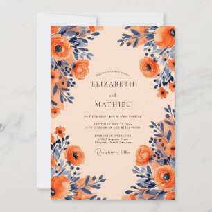 Apricot Navy Opulent Floral Wedding Invitation