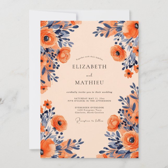 Apricot Navy Opulent Floral Wedding Invitation (Front)