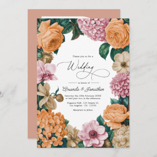 Apricot Nectar, Peony Pink & Warm Sand Wedding Invitation