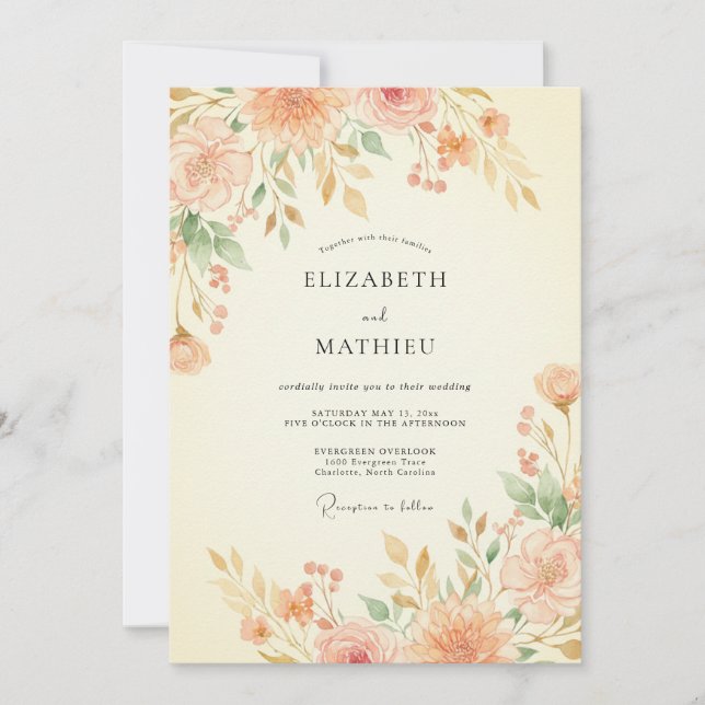 Apricot Painted Bloom Wedding Invitation (Front)