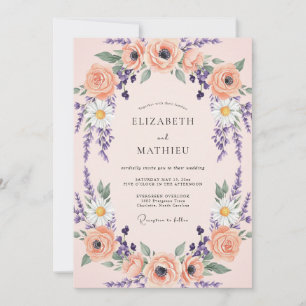 Apricot Pale Lilac Wreath Wedding Invitation