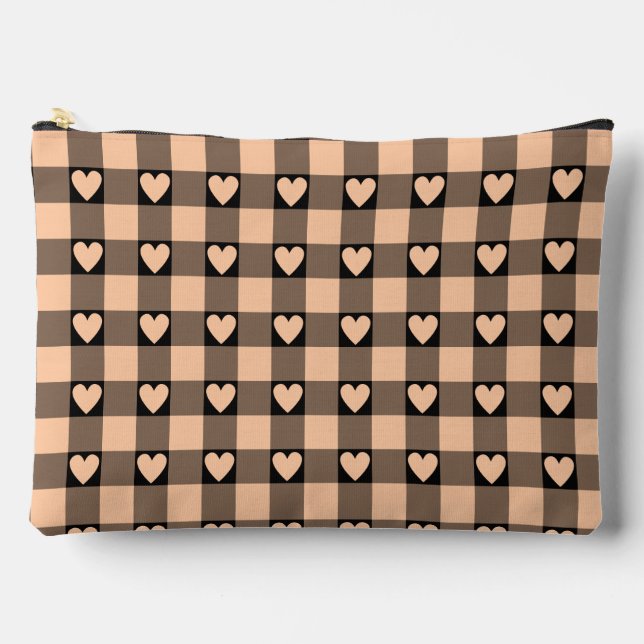 Apricot Peach Black Buffalo Heart Plaid Accessory Pouch (Front)
