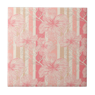 Apricot peach pink floral striped pattern ceramic tile