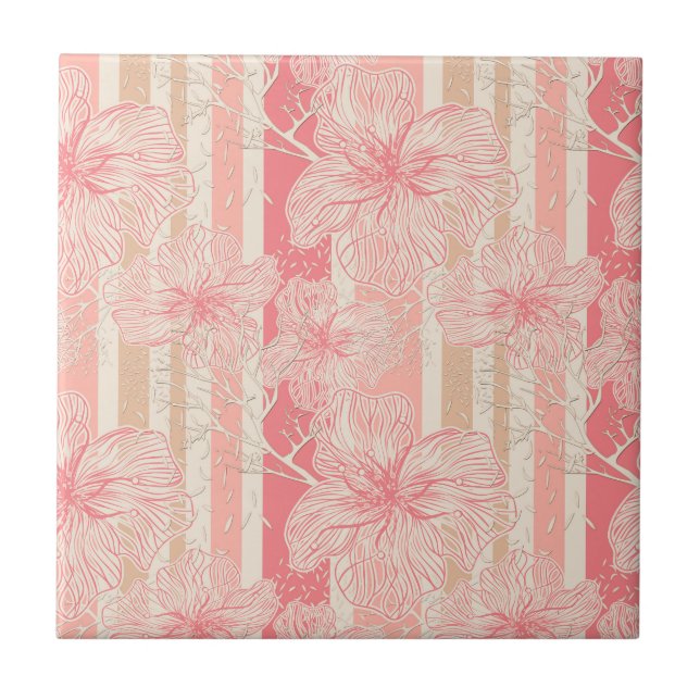 Apricot peach pink floral striped pattern ceramic tile (Front)