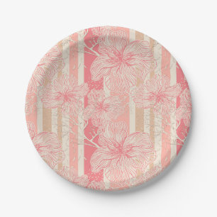 Apricot peach pink floral striped pattern paper plate
