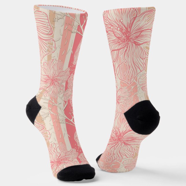 Apricot peach pink floral striped pattern socks (Angled)