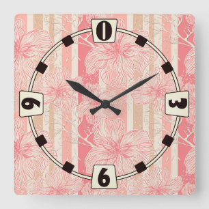 Apricot peach pink floral striped pattern square wall clock