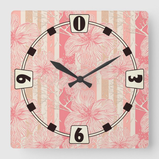 Apricot peach pink floral striped pattern square wall clock (Front)
