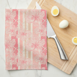 Apricot peach pink floral striped pattern tea towel