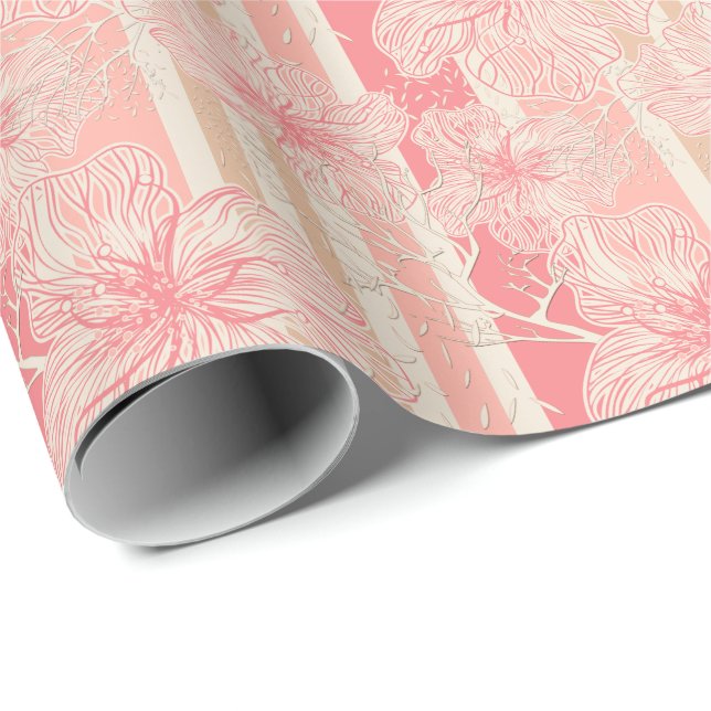Apricot peach pink floral striped pattern wrapping paper (Roll Corner)