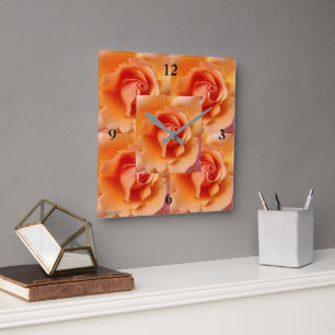Apricot Peach Rose Flower Close Up Photo Square Wall Clock