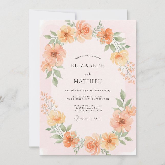 Apricot Peony Wreath Wedding Invitation (Front)