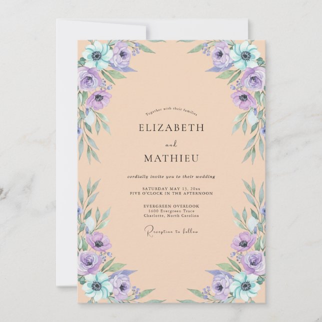 Apricot Periwinkle Anemone Wedding Invitation (Front)